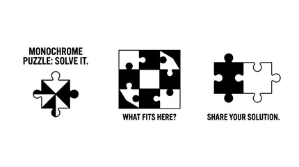 Monochrome puzzle pieces and text on white background, in flat vector style, with black and white colors, and a minimalist design.