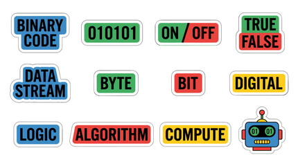 Set of binary visuals in flat vector style with solid colors, including Binary Code, Data Stream, Logic, Algorithm, and Byte elements.