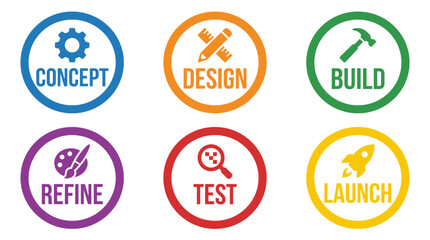 Set of colorful circular badges with bold uppercase text and icons representing concepts such as Concept, Design, Refine, and other elements on a white background.