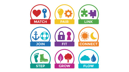Set of colorful icon logos with heart and key, anchor and life ring, foot and boot, and other matching symbols, in flat vector style