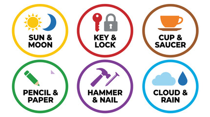 Set of four colorful icon badges in flat vector style with solid colors, featuring Sun & Moon, Pencil & Paper, and other abstract symbols.