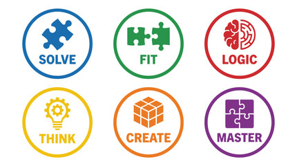 Set of four colorful icon badges with puzzle piece, lightbulb, and other symbols, each within a circle, with bold uppercase text on a white background.