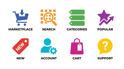 Set of four marketplace icons in flat vector style with solid colors, including shopping cart, magnifying glass, tag, and user profile with gear.