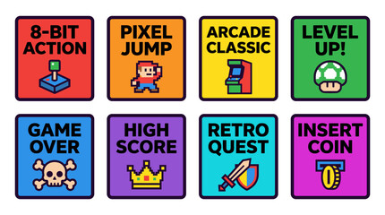 Set of four retro video game labels in flat vector style with solid colors featuring 8-bit action, pixel jump, game over, and high score elements