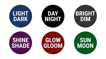 Set of four round badges with text in bold sans-serif font, featuring the words 'LIGHT DARK', 'N', 'SHINE SHADE', and 'COLOR GLOW', in contrasting colors.