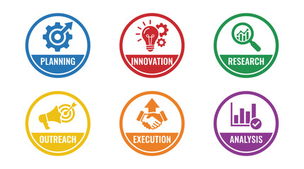 Set of four strategy icons in flat vector style with solid colors, including planning, implementation, outreach, and reach, on white background.