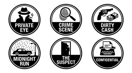 Set of Noir aesthetic badges in flat vector style, featuring a detective, car in rain, and text, all with solid black and white colors
