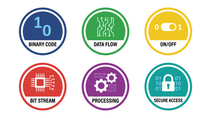 Set of six binary visuals in flat vector style with solid colors, including binary code, bit stream, and other abstract data concepts, on a white background.