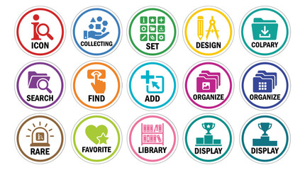 Set of round icon stickers with various symbols and text labels in red, blue, purple, orange, brown, green, and pink colors, flat vector style.