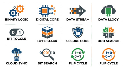 Set of six flat vector style binary visuals with solid colors, including gears, circuit board, toggle, stack, cloud, and magnifying glass.