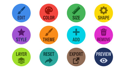 Set of six flat vector style customization icons with solid colors, including EDIT, COLOR, STYLE, THEME, LAYER, and RESET on a white background.
