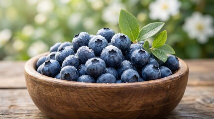 a close up shot displays a rustic wooden bowl abundantly filled with fresh plump blueberries set against a blurred background of white blossoms