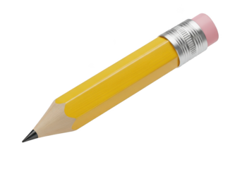 3d icon of a short, yellow pencil with a pink eraser and silver ferrule, isolated on transparent background