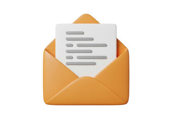 3d icon of an open orange envelope with a white letter inside, isolated on transparent background