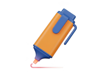 3d icon of orange highlighter pen with blue cap drawing a pink line isolated on transparent background