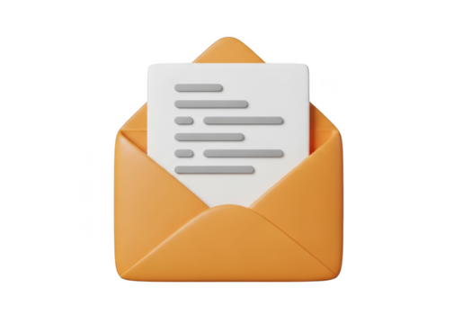 3d icon of an open orange envelope with a white letter inside, isolated on transparent background - Powered by Adobe