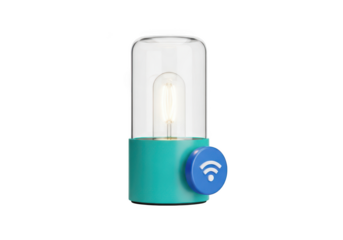 3d icon of modern teal and glass lantern with a light bulb and wifi symbol isolated on a transparent background