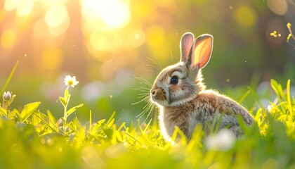 Fototapeta premium Adorable bunny basks in sunlit meadow among vibrant green grass