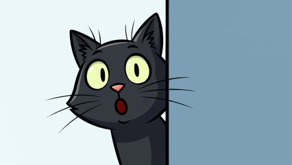 Obraz premium Surprised black cat peeking around a corner with wide eyes.