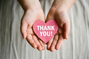 Hands holding thank you heart card on soft fabric background, close-up gesture of gratitude and appreciation, charity support concept, human kindness message
