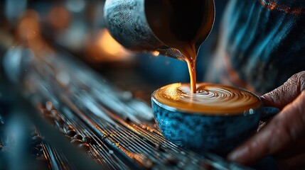 A person pours steaming hot coffee into a blue ceramic cup on a metal surface.