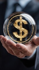 Businessman holding a glass ball with gold dollar sign. Banking support and sponsorship concept. Financial growth and investment success
