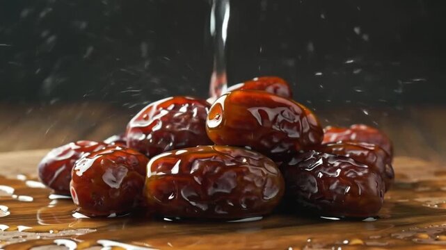 Pouring Water Over Fresh Dates on Wooden Surface, Smooth repeating motion for background video animation.