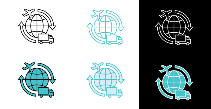 Global logistics globe with truck and airplane icon for international shipping in line and fill style