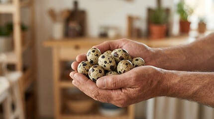 a close up view showcases a pair of hands gently cupping a collection of speckled quails eggs in a warmly lit kitchen setting
