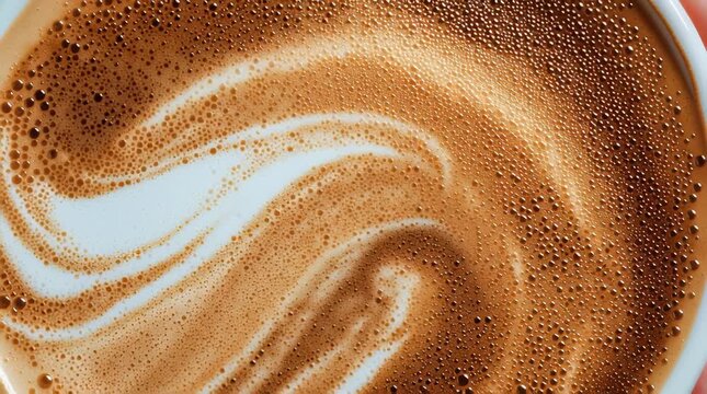 High-angle full-frame shot of coffee and milk swirling together, featuring frothy foam bubbles and creating a captivating abstract pattern frothy cafe latte with its signature vibrant brown color