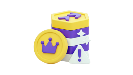 3D Game Icons: Crown Coin, Level Stack, and Warning Sign