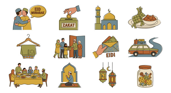 Hand drawn Eid al-Fitr activities doodle vector set showing muslim family celebration, ketupat food, giving zakat, new clothes and eidi envelope for happy islamic holiday design.