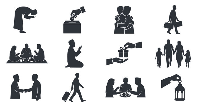 Set of Eid al-Fitr activities silhouette icons featuring muslim people praying, giving zakat charity, hugging, family homecoming travel and celebrating ramadan vector illustration.