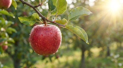 a vibrant close up shot showcases a ripe red apple hanging from a branch amidst lush green leaves bathed in warm sunlight during