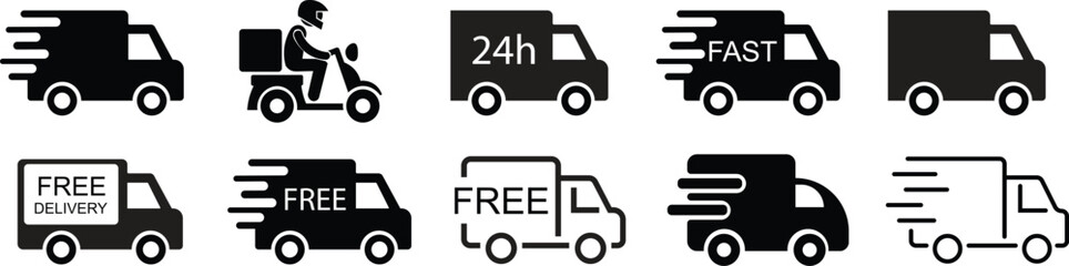 Fast delivery truck icons set with speed lines, express shipping and logistics transportation symbols collection. vector illustration