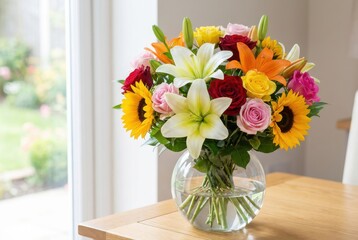 Colorful flower bouquet in glass vase on table by window, bright home interior, fresh spring arrangement, natural light
