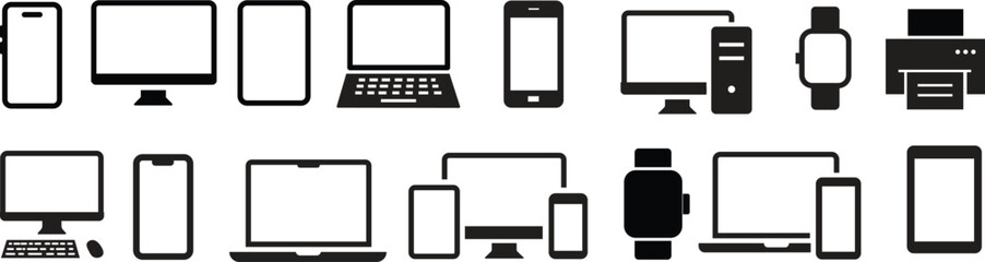 Modern electronic devices and gadgets collection with computers, smartphones, tablets, and wearable technology icons set