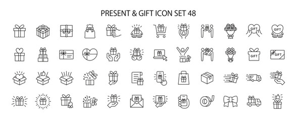 プレゼントやギフトに関連したアイコンセット,プレゼント関連のデザイン(バレンタインデー,クリスマス、母の日、父の日、誕生日など)で使える編集可能なラインのイラストレーション