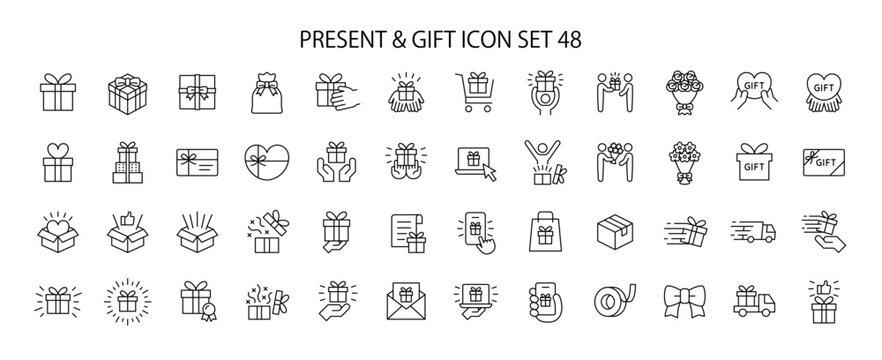 プレゼントやギフトに関連したアイコンセット,プレゼント関連のデザイン(バレンタインデー,クリスマス、母の日、父の日、誕生日など)で使える編集可能なラインのイラストレーション