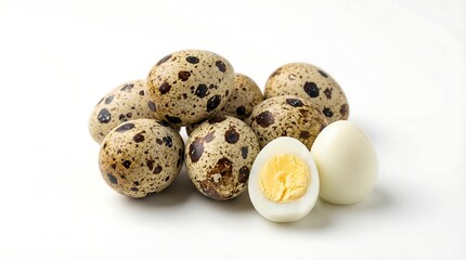 Fototapeta premium a close up studio shot displays a group of speckled quail eggs some whole and one halved revealing a bright yellow yolk against
