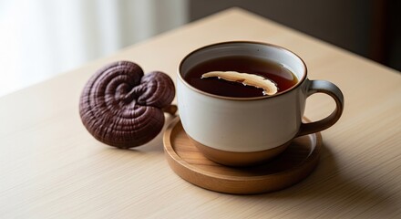 Reishi Mushroom Tea Cup and Wood Tray with Fungi for Natural Wellness on Table