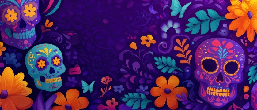 Artistic and Respectful Background Featuring Colorful Skulls and Floral Elements for Day of the Dead Celebrations and Festive Designs