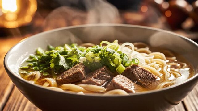Bowl of beef noodle soup with tender chunks, greens, and scallions in fragrant broth. Warm aroma hum