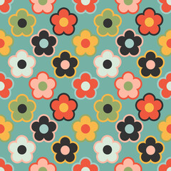 Retro floral background with a seamless mid century floral pattern. Colorful vintage flowers in a mod floral design inspired by 60s and 70s flower power style, commercial use okay, 3600x3600 px.