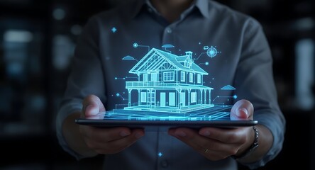 Man holding tablet with glowing holographic house model, smart home technology.