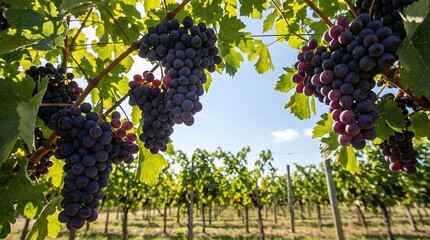a vibrant display of dark purple grapes hangs heavily from the vines set against a blurred vineyard background under a bright blue sky