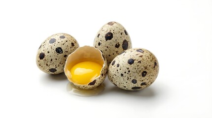 Obraz premium a still life composition featuring speckled quail eggs one of which is broken open revealing its vibrant yellow yolk set against a plain