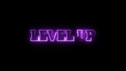 Purple Neon "Level Up" Text Glowing on Black Background, Modern Gaming Concept