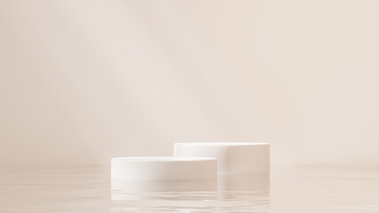 3D rendered cosmetic scene showing two circular product podiums positioned over calm water in a clean studio environment. Created for commercial product mockups, comparison layouts, cosmetic branding