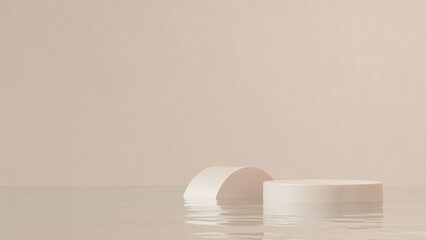 3D rendered cosmetic podium scene featuring a circular platform and geometric arch shape placed over calm water. Clean studio composition suitable for cosmetic branding, skincare advertising